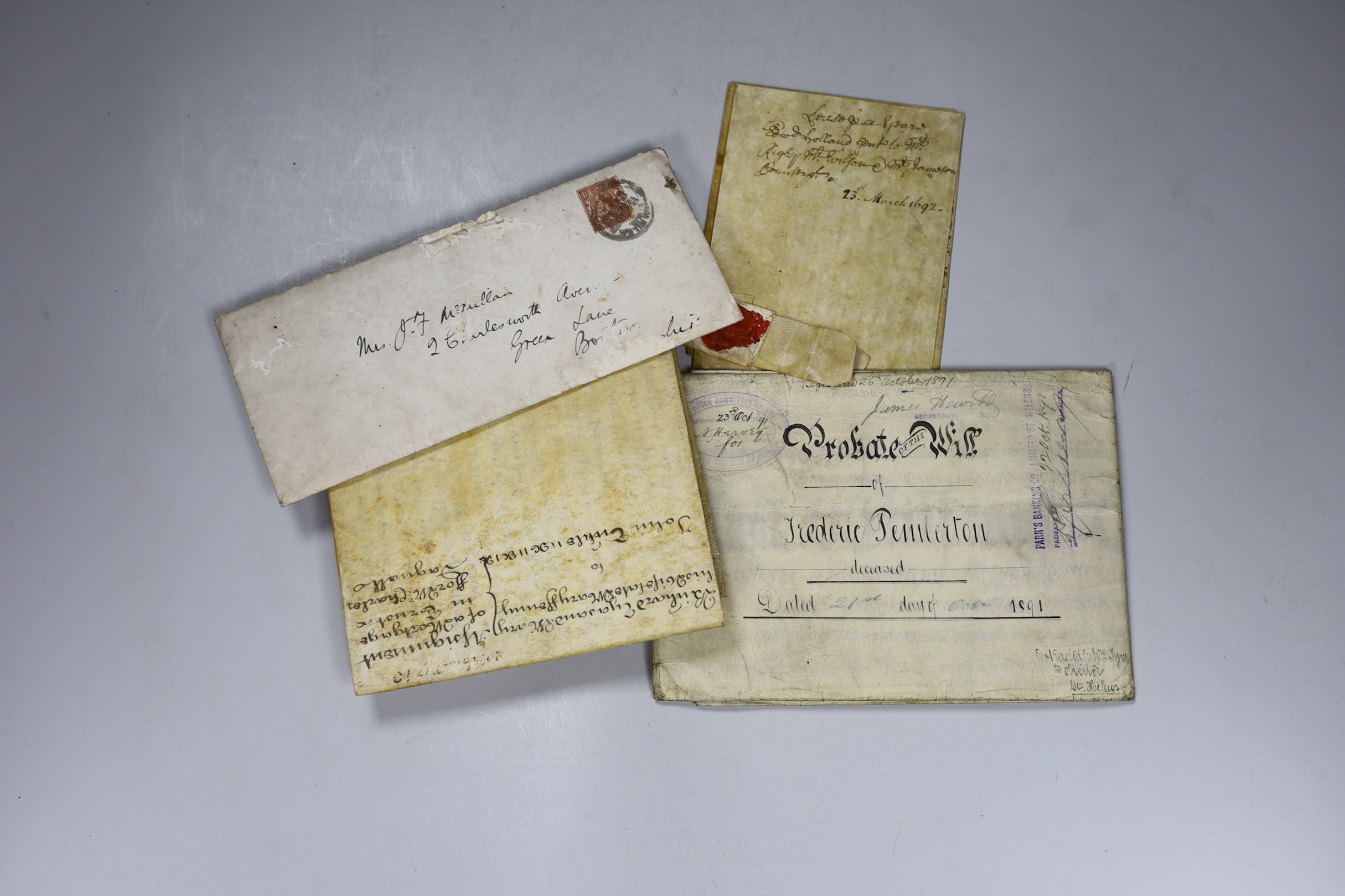 A letter on Buckingham Palace headed note paper an envelope, a will of 1891, a 1742 indenture, another dated 1692